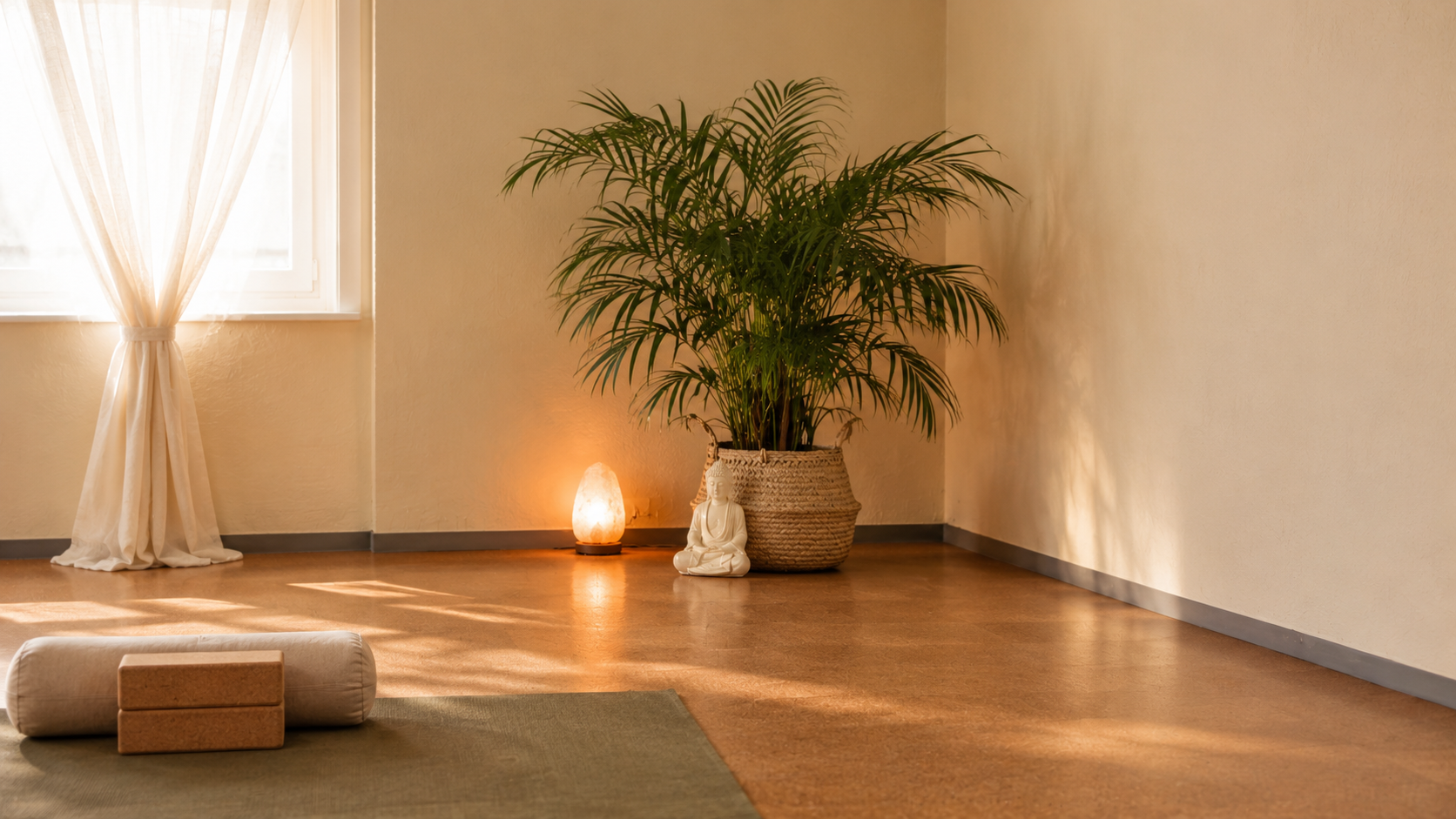 Heller Nanda-Bewegungsraum mit Pflanze, Buddha-Statue und Salzlampe